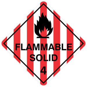 Diamond-shaped warning label with red and white vertical stripes, a black flame symbol, and the text 'FLAMMABLE SOLID 4', indicating hazardous flammable solid material.