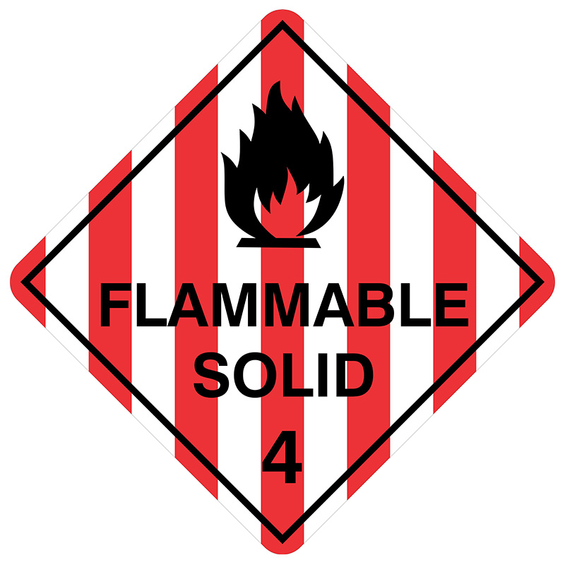 Diamond-shaped warning label with red and white vertical stripes, a black flame symbol, and the text 'FLAMMABLE SOLID 4', indicating hazardous flammable solid material.